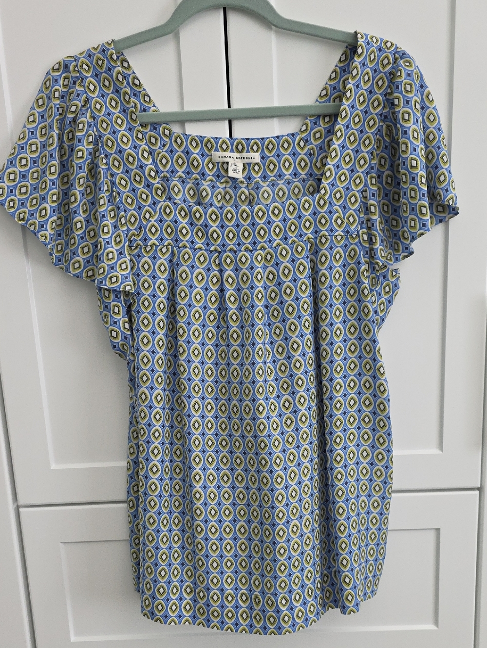 Banana Republic Blue & Green Geometric Square-Neck Blouse